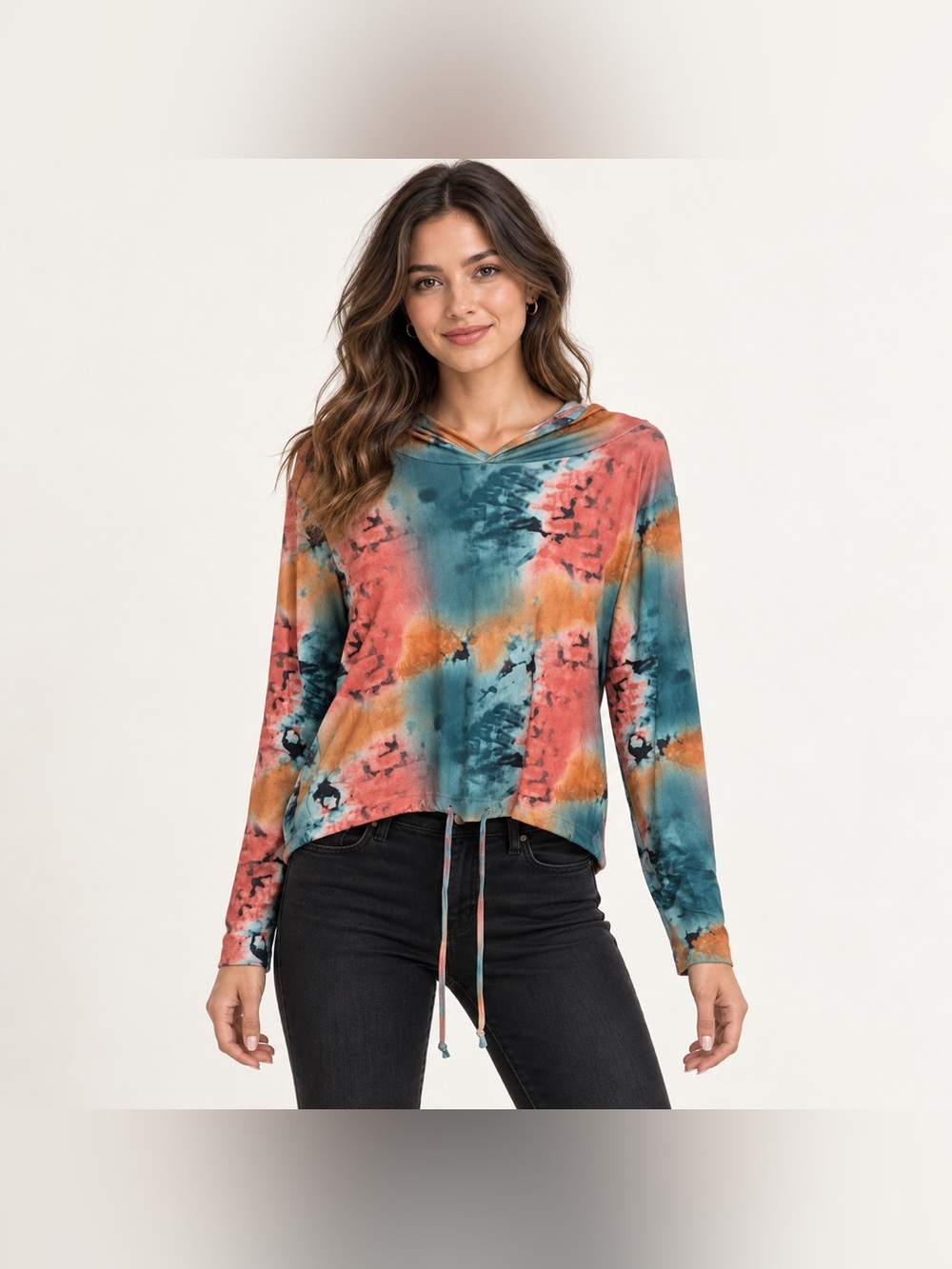 NWT Y2K Women’s Multicolor Tie Dye Long Sleeve Drawstring Hem Cropped Hoodie 3X